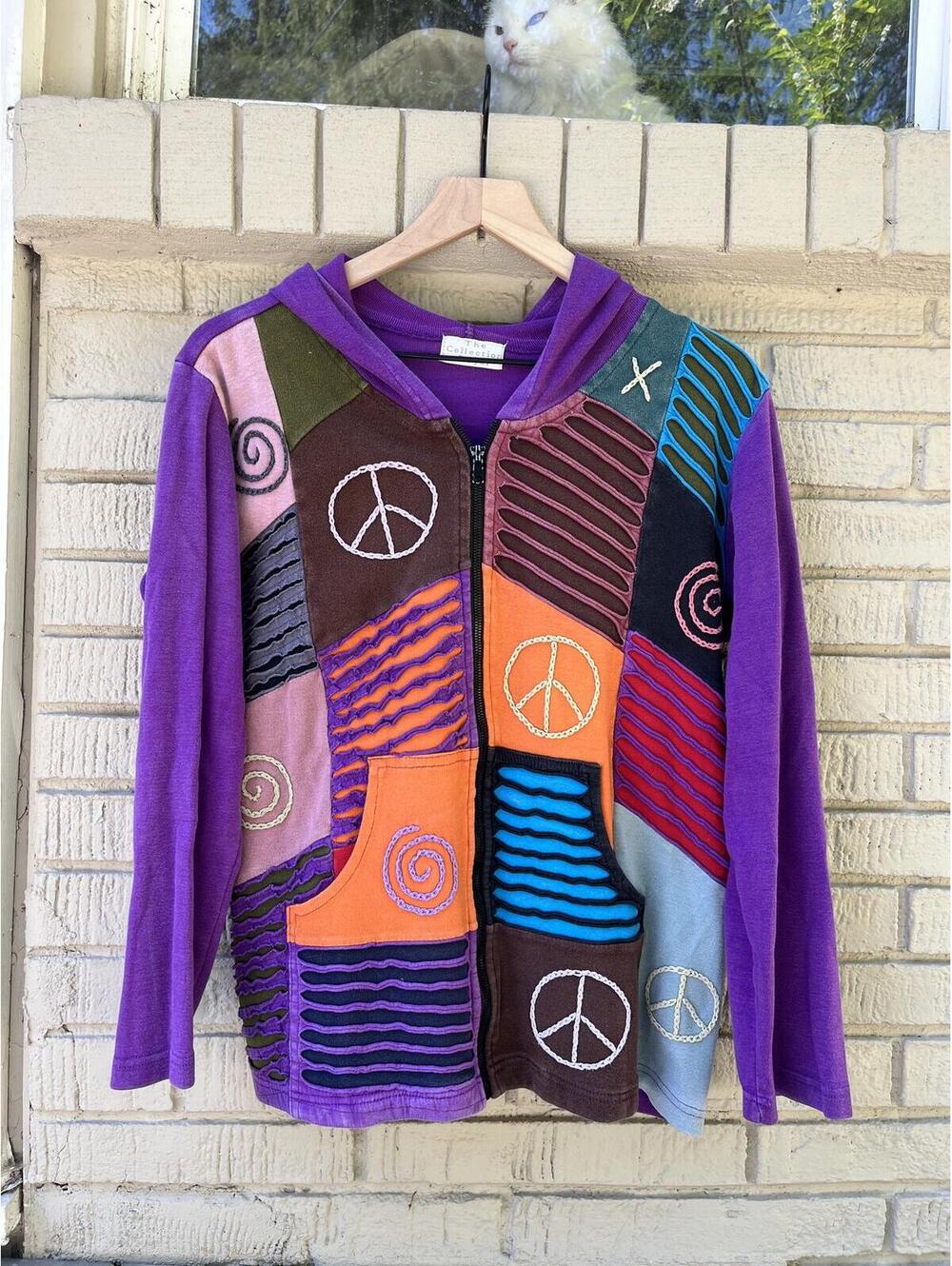 The Collection Royal 100% Cotton Large L Hippie Peace Elf Hood Zip Patchwork